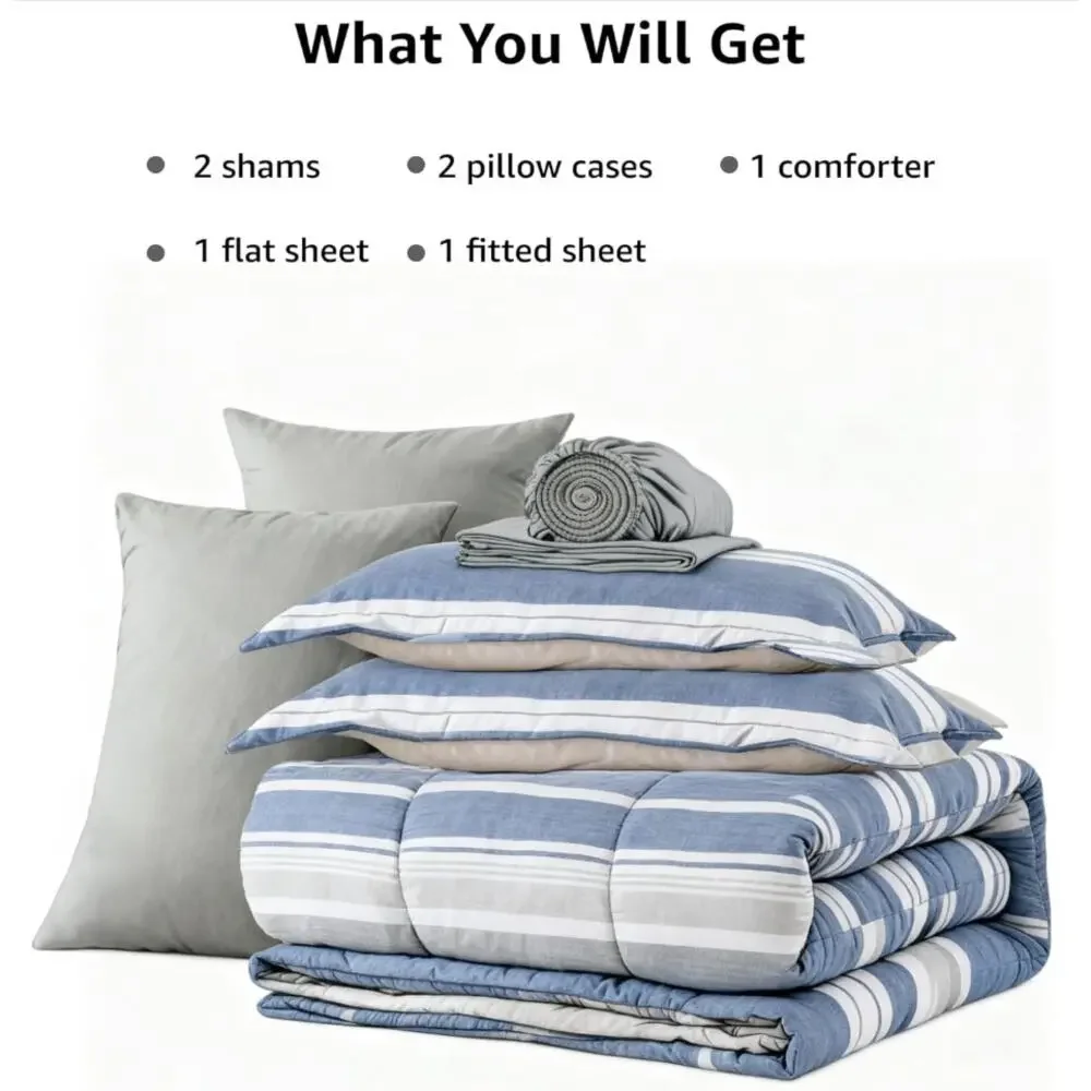 NEW 7 Pc Queen Comforter Set w/ Sheets, Pillowcases & Shams- Ocean Blue-Stripe
